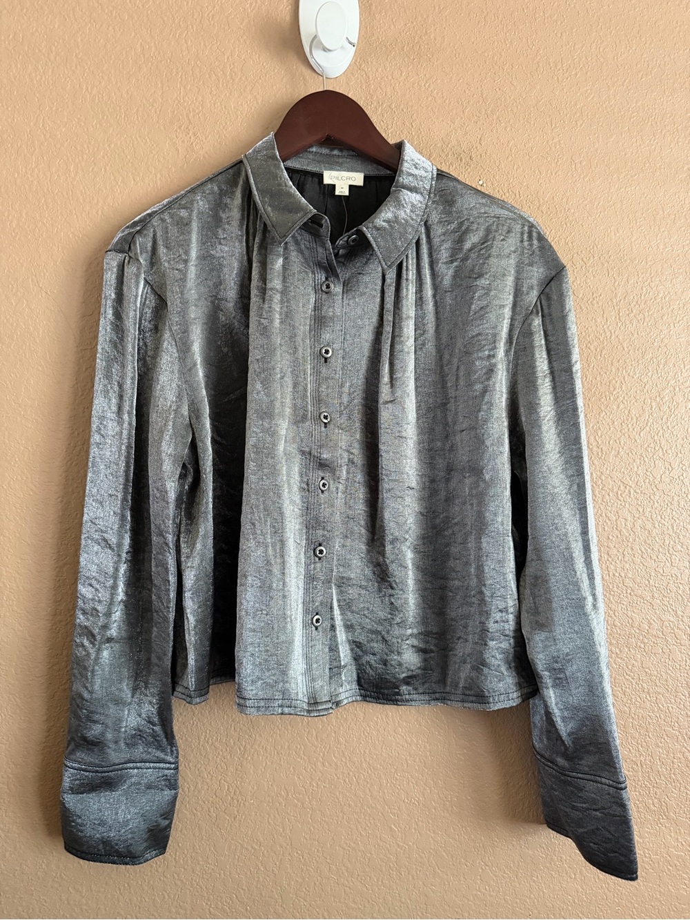 Anthropologie Pilcro Shimmery Silver Button-Up Blouse Size Medium NWT